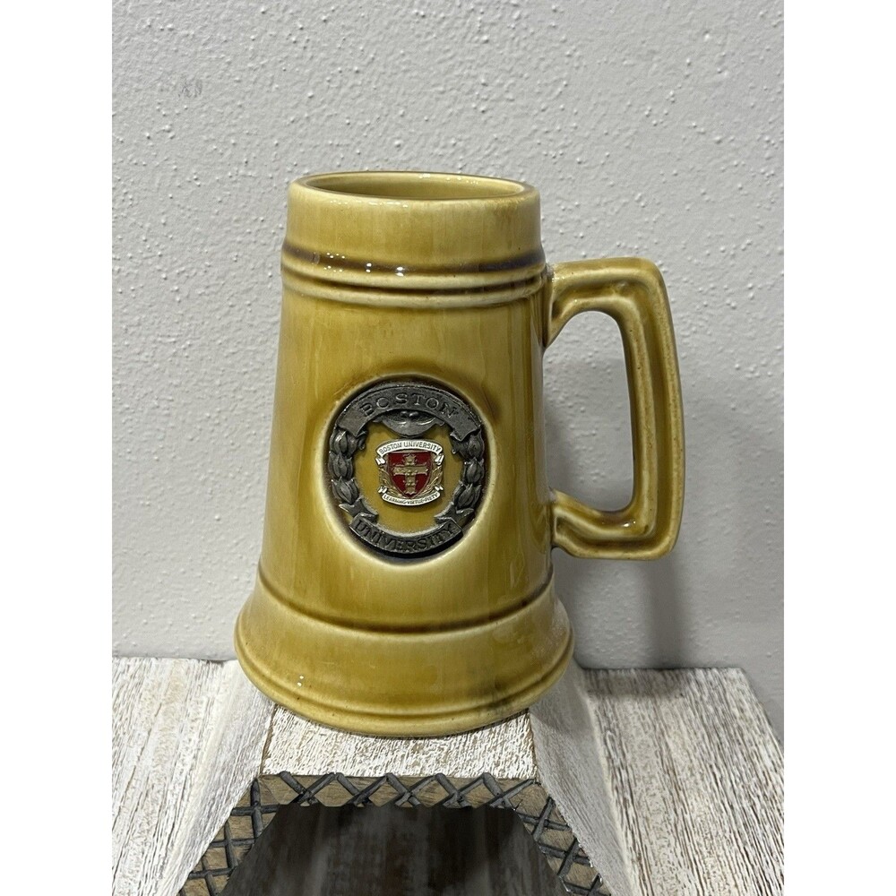 Vintage Boston University Ceramic Beer Stein Mug 3D Metal Crest Logo Gold Glaze